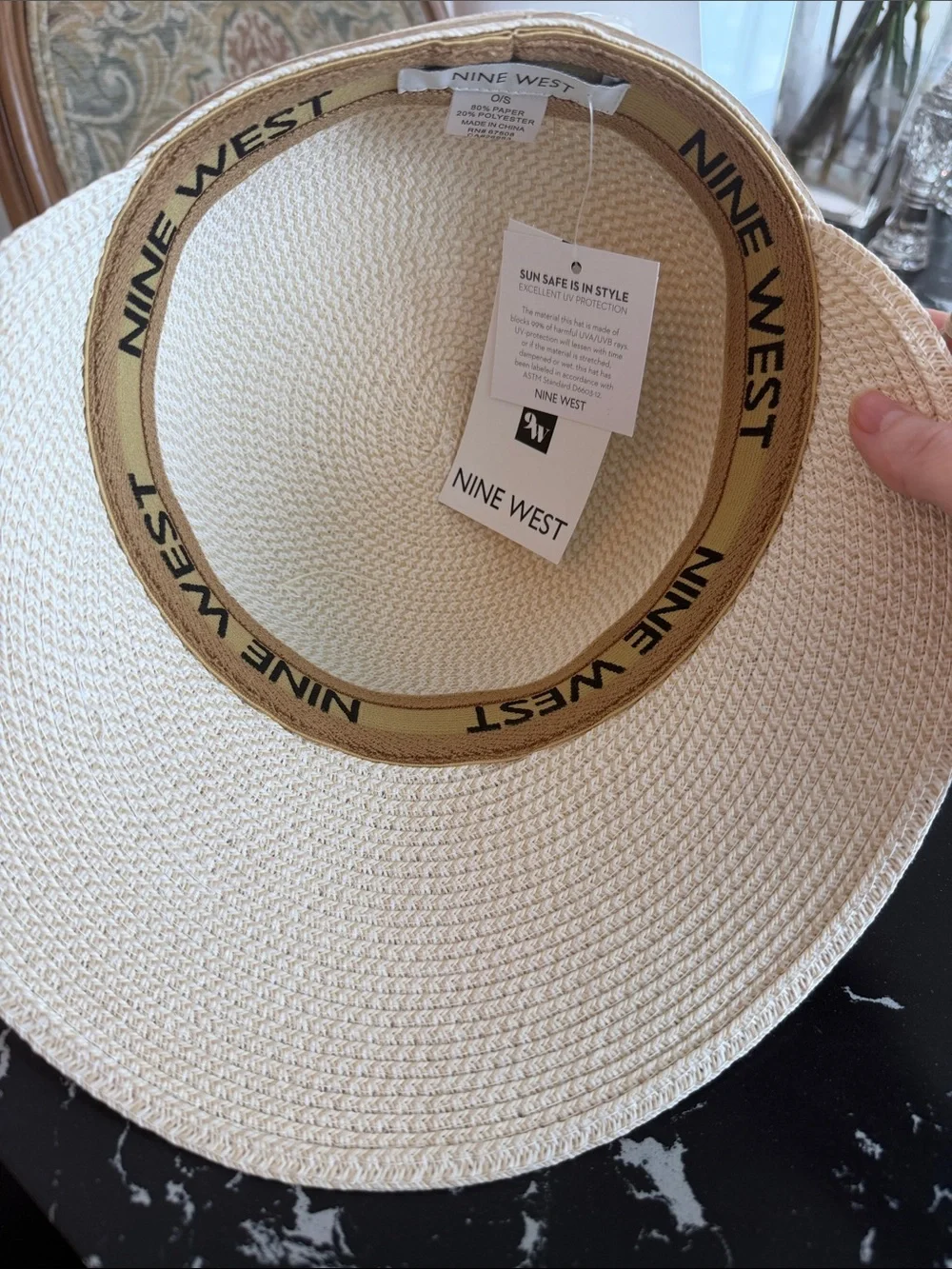 NWT Nine West Light Cream Straw Visor with Bow Trim